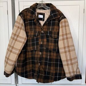 Hurley Women’s XL Mixed Plaid Shacket Jacket Quilted Lined Brown Black Beige